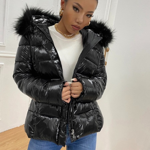 Cozy Black Quilted puffer Vegan Fur Hooded Coat Jacket